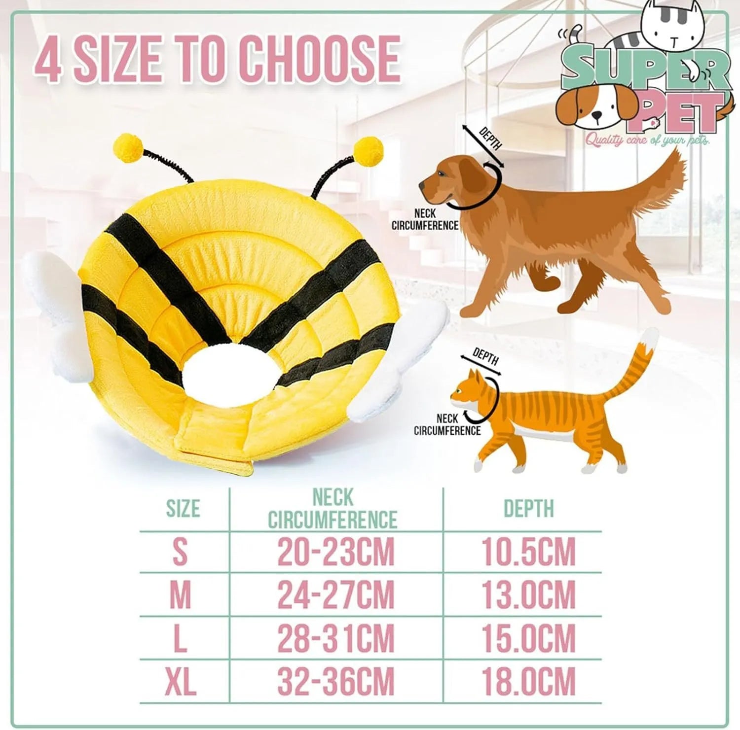 Soft bee-design cat cone collar with Velcro closure in adjustable sizes