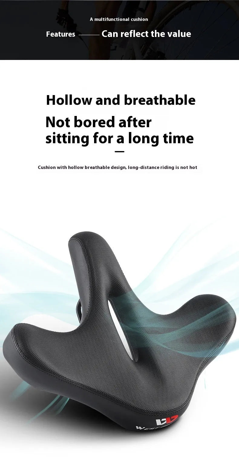 Black leather bicycle seat cushion with polyurethane foam filling for shock absorption on a bike saddle.