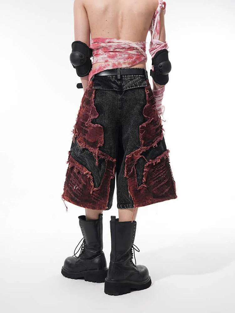 Distressed wide-leg denim cropped pants with brushed stitching and mid-high waist