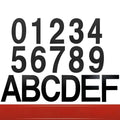 Black stainless steel sticky house numbers showing 7.5cm characters including letters and digits