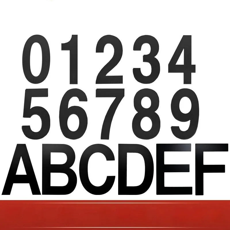 Black stainless steel sticky house numbers showing 7.5cm characters including letters and digits