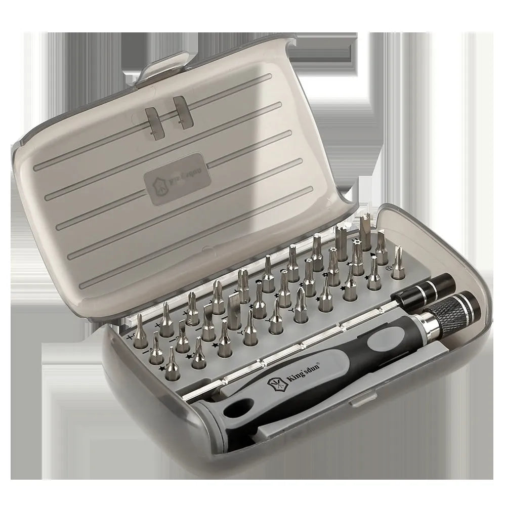 32-in-1 screwdriver tool set with multiple bits in a black plastic storage box.