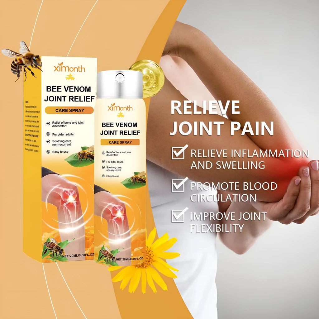 20ml bottle of body care spray with menthol and bee venom for topical application.