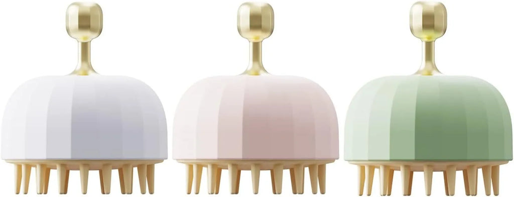 Four pet shampoo massage brushes in green, pink, and white colours with double-sided design and drain holes