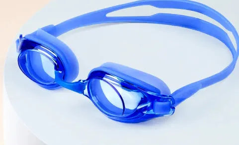 Black myopia swimming goggles with a protective case on a blue background.