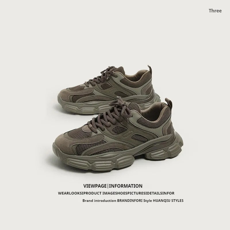 Mesh casual platform dad shoes in beige for men and women with height increasing mid heel