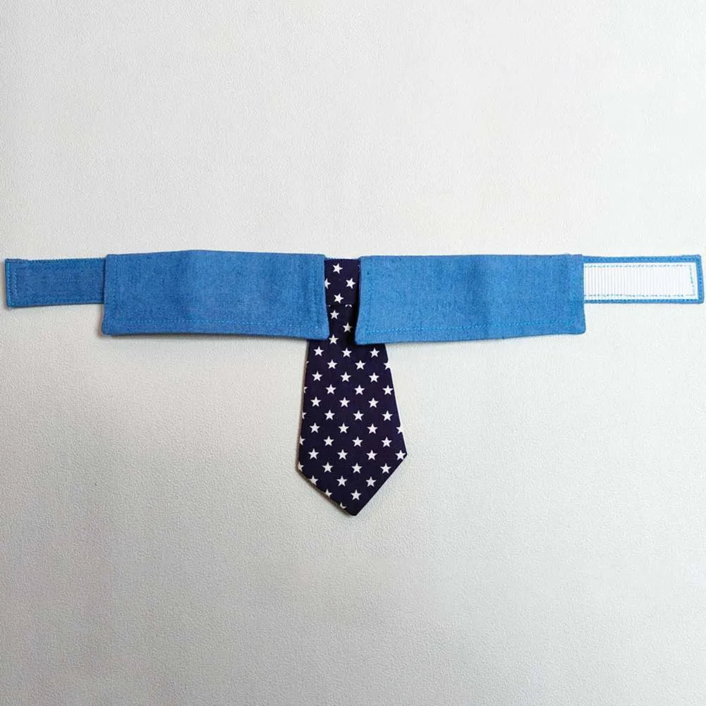 Denim pet collar with star-pattern necktie on adjustable fastener tape closure