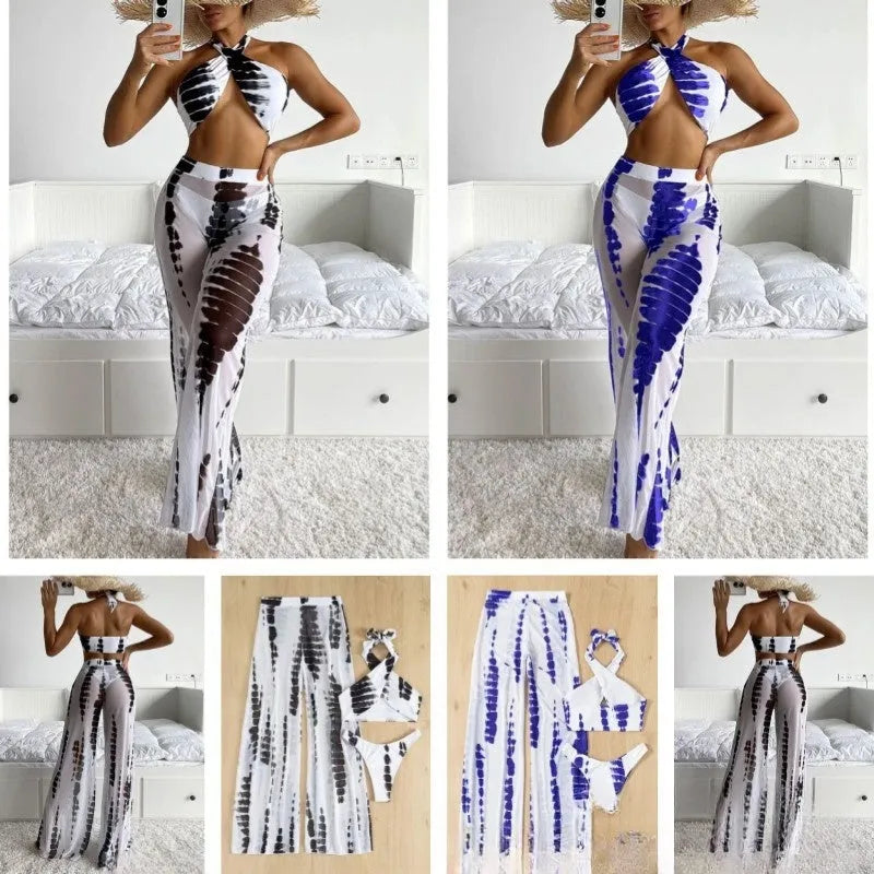 Women's three-piece mesh trousers style bikini swimsuit in black or blue printing