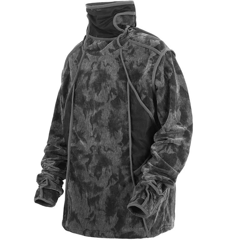Men's black tie dye printed turtleneck sweater with drop shoulder sleeves and loose casual fit