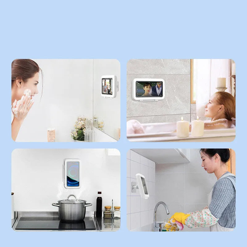 White waterproof phone holder mounted on bathroom tile showing mobile phone visible through clear front