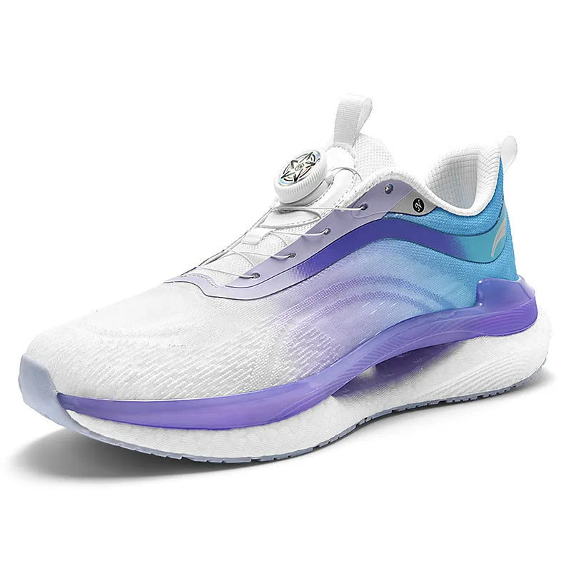 Men's high-top breathable mesh running sneaker in cotton candy colour with buckle closure.