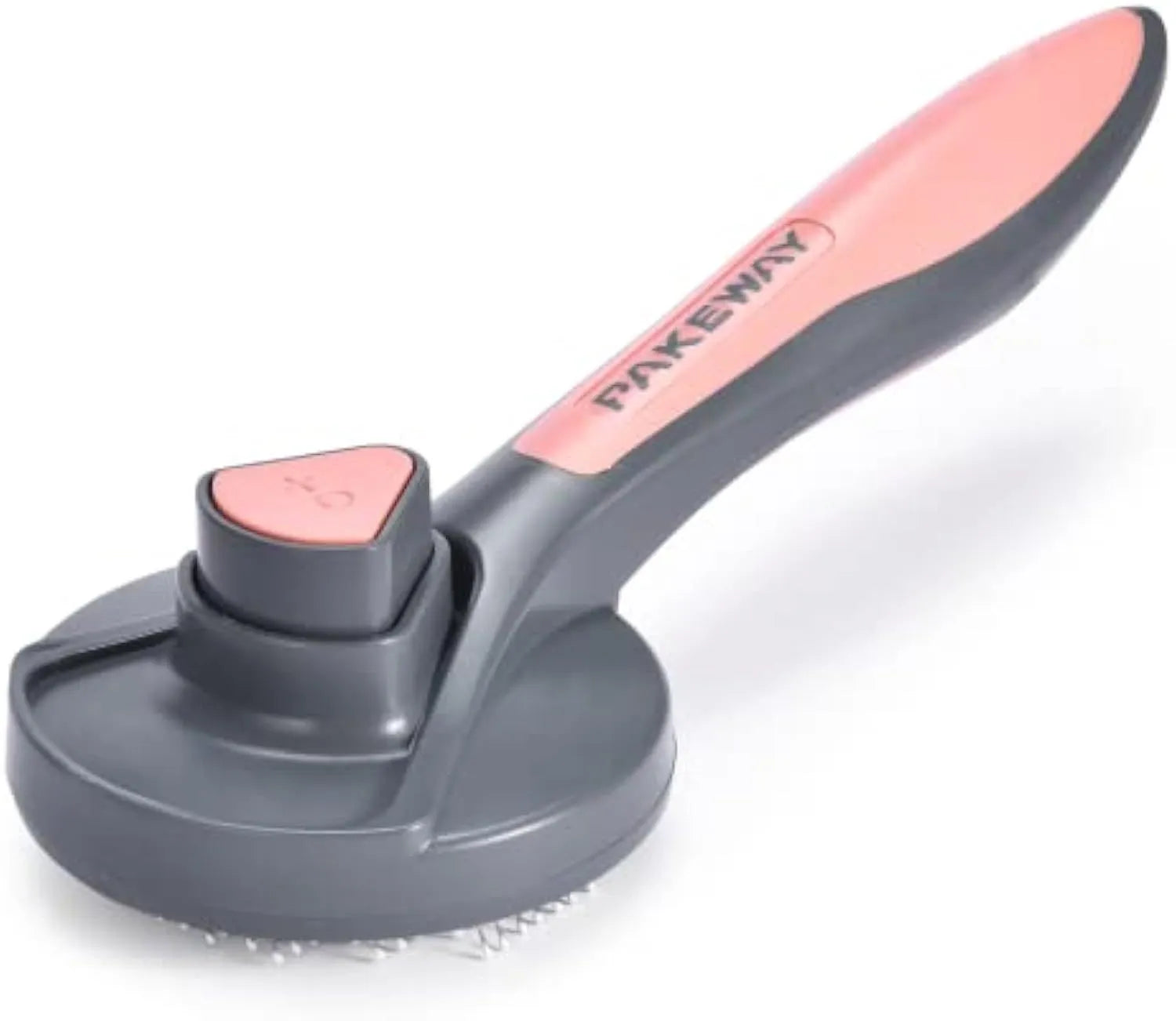 Grey self-cleaning slicker brush for grooming cats and dogs, showing the one-touch button and soft bristles.