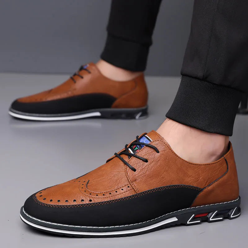 Men's low-top casual leather shoes in black with a leather toe cap, decorative sewing lines, and a rubber sole.