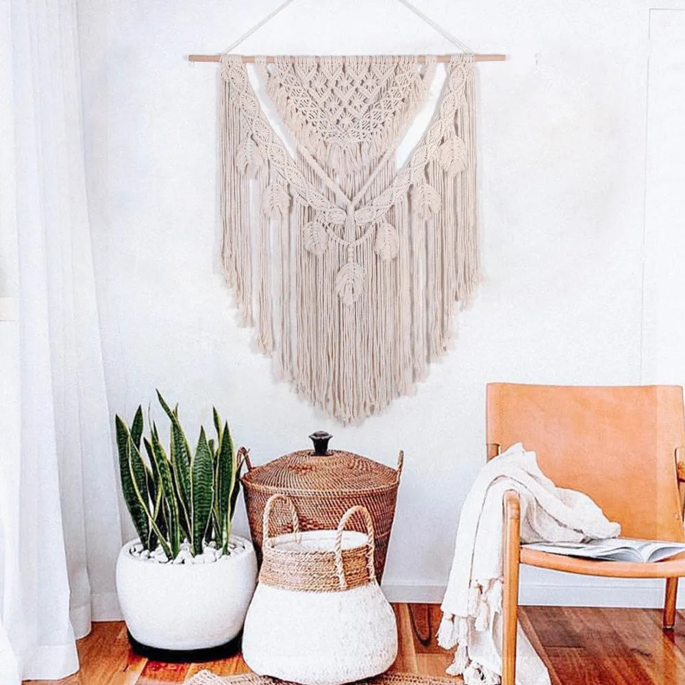 Hand woven beige cotton tapestry 115x100cm for living room wall decor with modern simple style