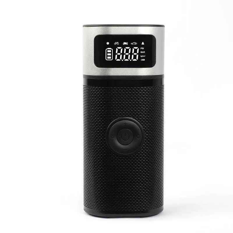 Black portable wireless air pump with 15cm tube, multiple nozzles and USB charging cable