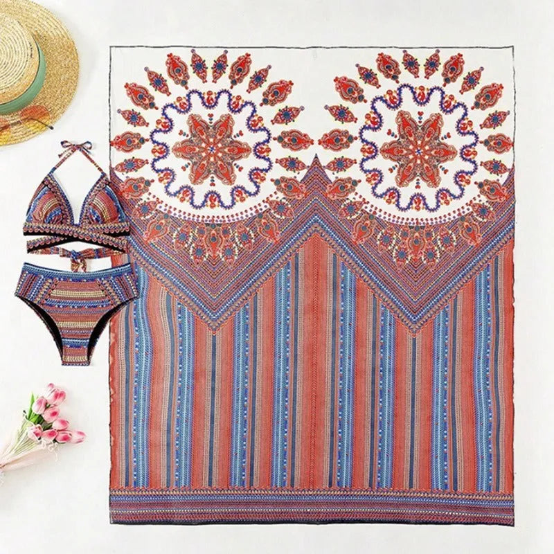 Women's three-piece split-style swimsuit set with high-waisted briefs and a cover-up coat