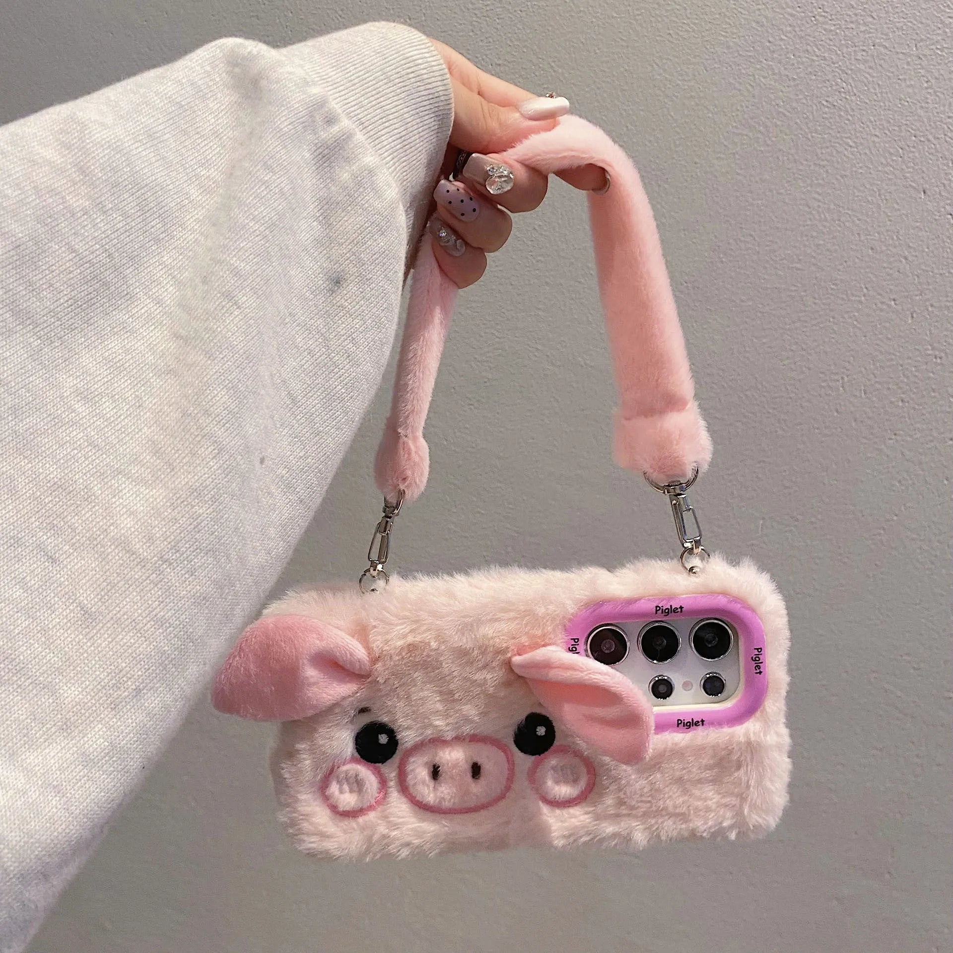Plush cute piggy phone case with bracket on pink and white soft furry fleece cloth for Samsung smartphones