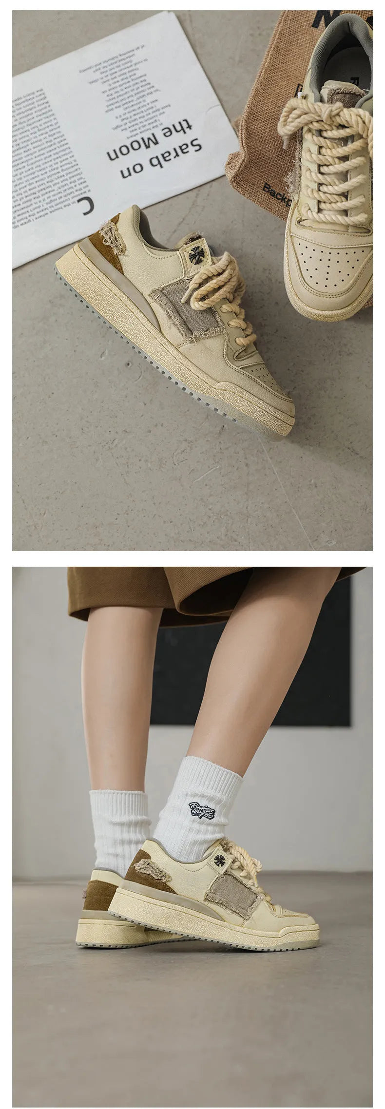 Beige low-top skateboard shoes with microfiber upper and round-toe design