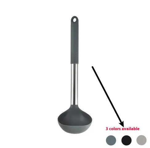 12-piece silicone kitchen utensil set in rotating storage bucket, including spatula, spoon, ladel, and egg beater on kitchen counter.
