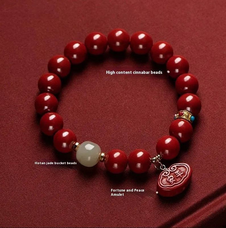 Natural cinnabar Emperor sandstone bracelet with traditional Ping An Fu Lu motifs