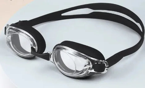Black myopia swimming goggles with a protective case on a blue background.