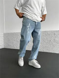 Men's blue straight-leg denim trousers with mid waist and zipper fly closure