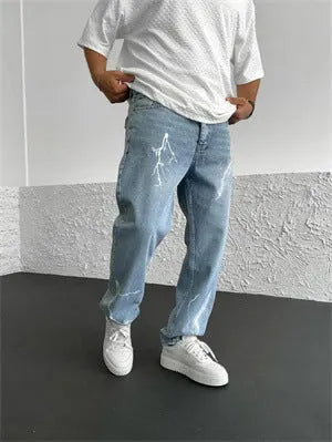 Men's blue straight-leg denim trousers with mid waist and zipper fly closure