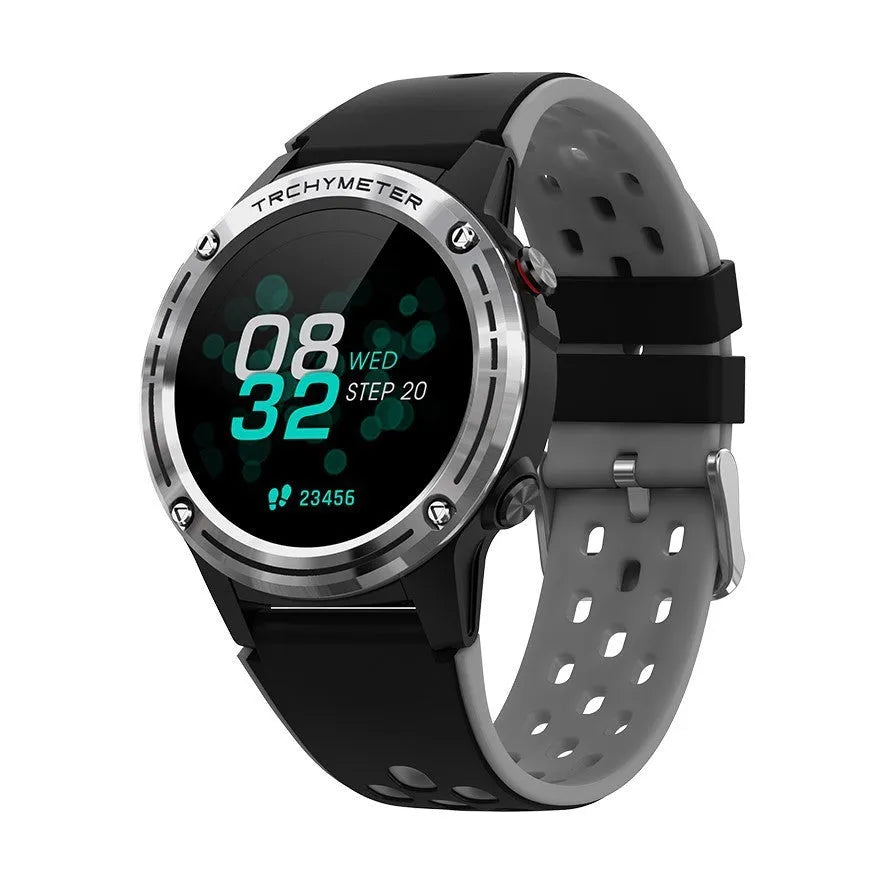 GPS smart watch with silicone sports bracelet showing four colour options: blue, black, cyan, and silver black