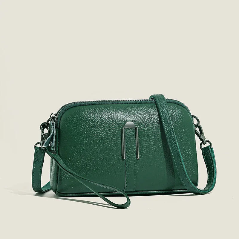 Women's genuine leather shoulder bag in horizontal square shape, shown in dark khaki colour