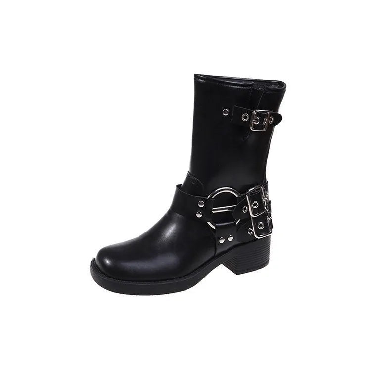 Women's black platform boots with buckle detail at calf length
