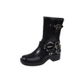 Women's black platform boots with buckle detail at calf length