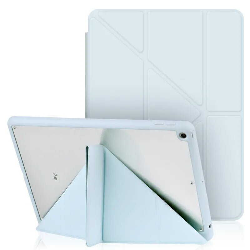Imitation leather iPad case in dark grey showing folded bracket stand and open pen slot for Apple Pencil.