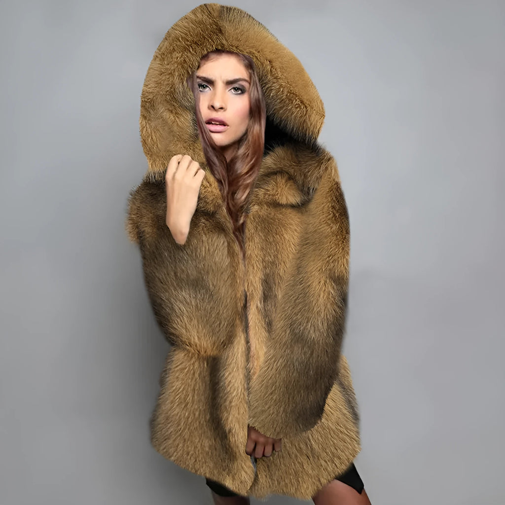 Women's loose silver grey artificial fur mid-length coat with an oversized fit.
