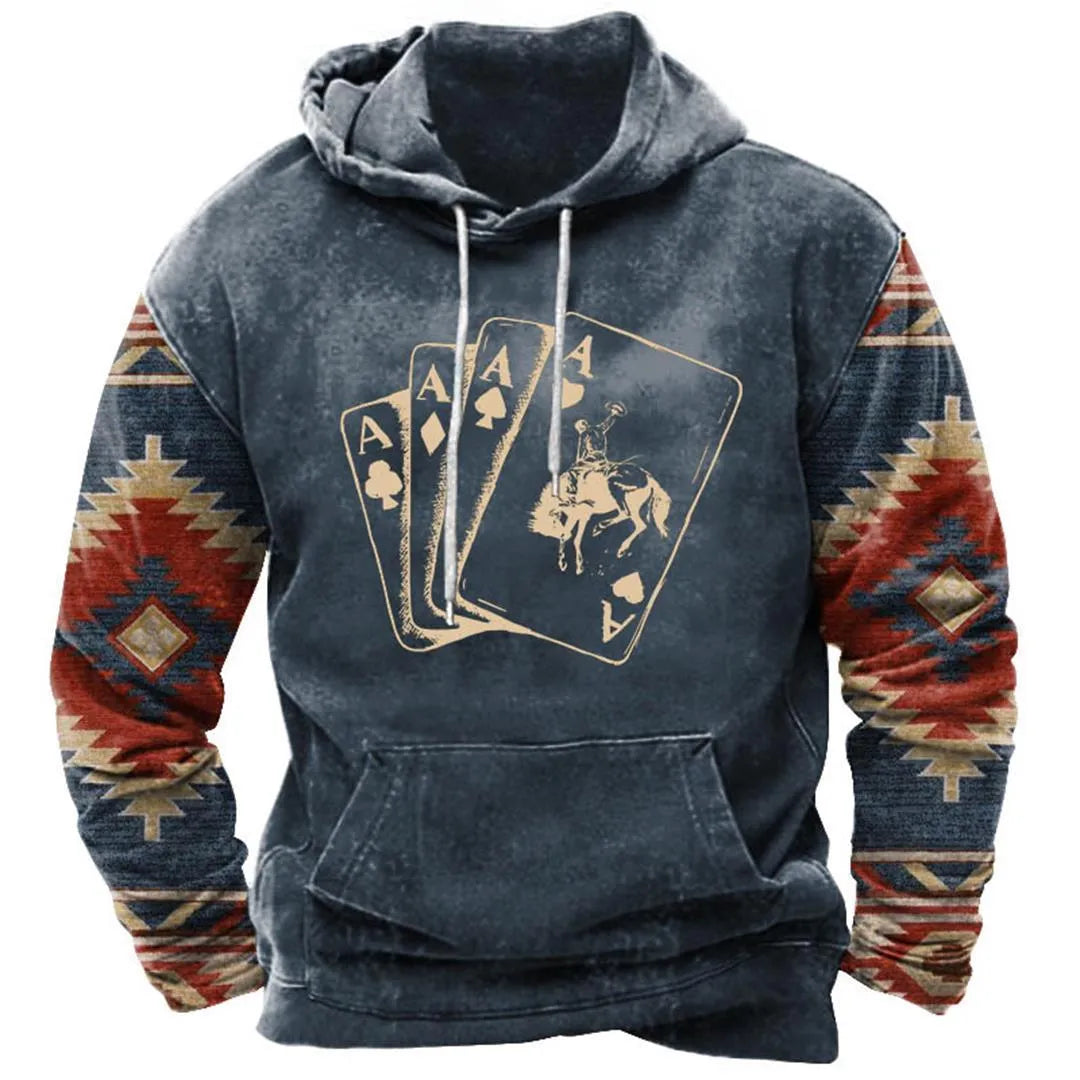 Men's street printing hoodie in loose fit polyester, front view, available in multiple colours and sizes