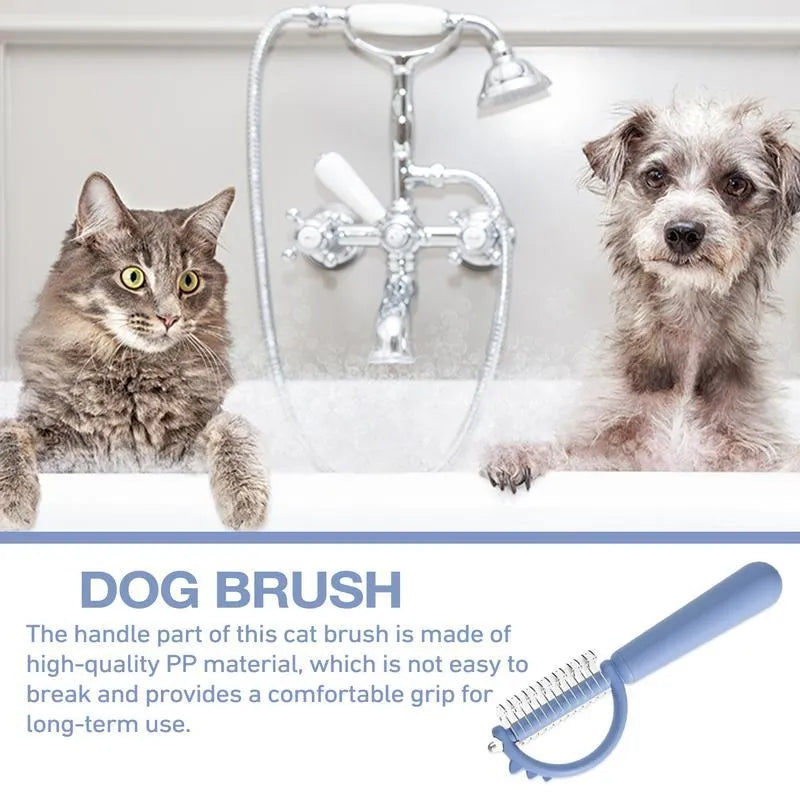 Dinosaur-shaped double-sided cat brush with self-cleaning mechanism in blue, green and white colours