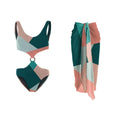 Women's two-piece polyester swimsuit bikini set with contrasting mesh gauze skirt