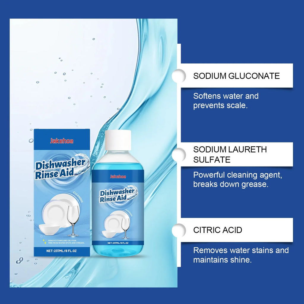 237mL bottle of dishwasher detergent aid for cleaning plates and removing stains.