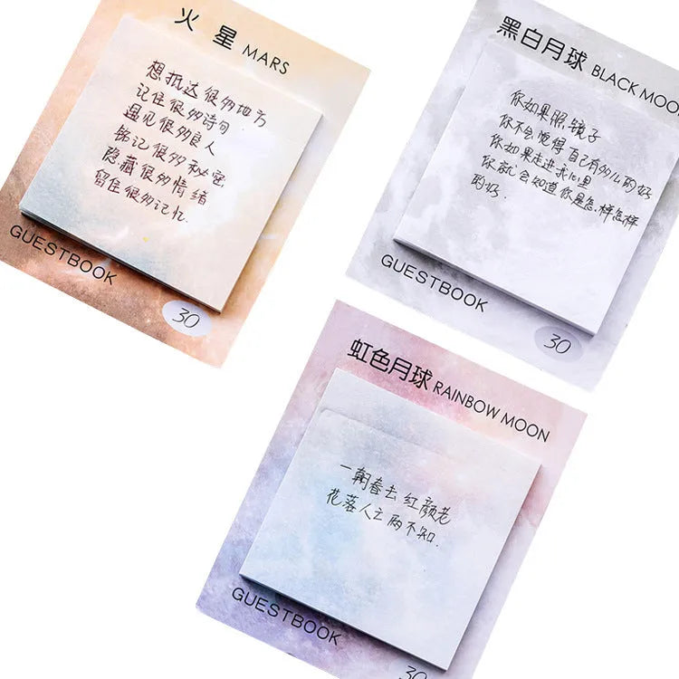 Square planet-themed sticky note pad showing oil painting designs of Earth and other planets, 7.3cm in size.