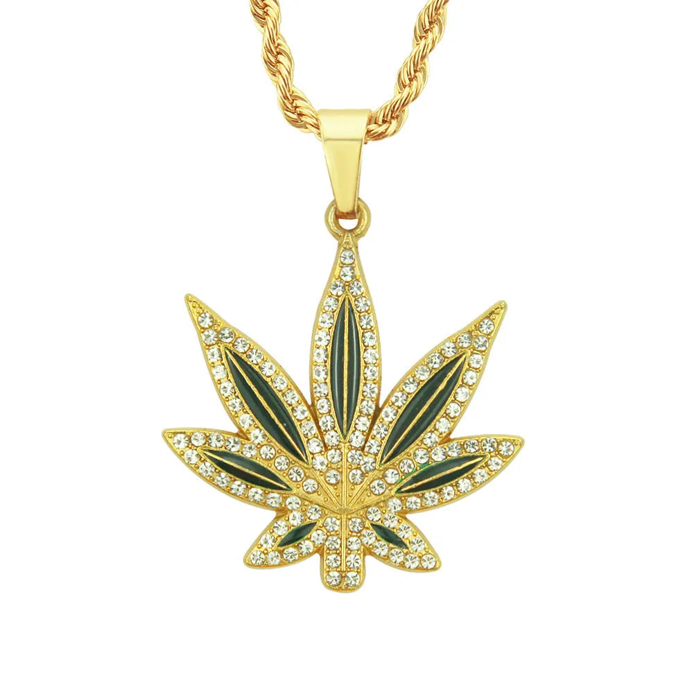 Alloy men's punk hip hop diamond-embedded maple leaves pendant necklace with rhinestone metal chain