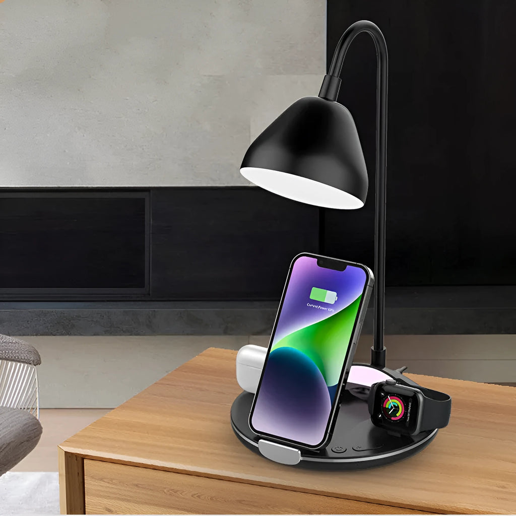 Black and white magnetic folding wireless charger with USB cable showing folded and upright positions