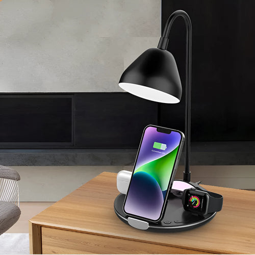 Black and white magnetic folding wireless charger with USB cable showing folded and upright positions