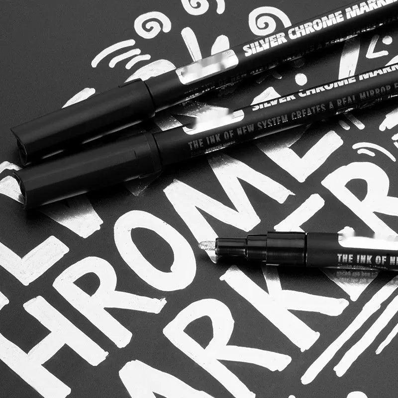 Waterproof mirror marker pen with plastic shell, shown with 1mm and 2mm tip options for glass writing.