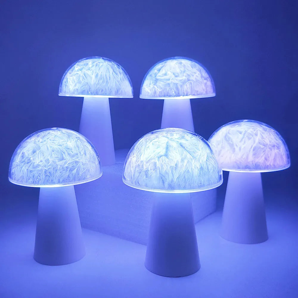 Mushroom-shaped RGB night light with remote control measuring 9cm by 9cm by 13.5cm