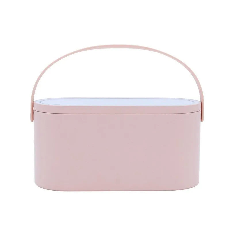 Portable LED light storage box makeup mirror with aluminium mirror lens in pink colour