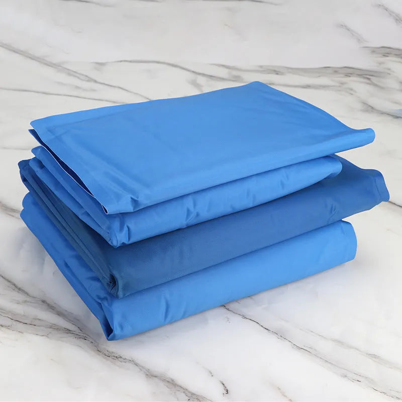 Blue gel cooling pet pad for dogs and cats, foldable waterproof nylon mat, size XS to XXL