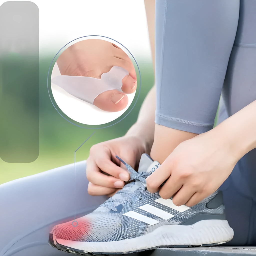 Silicone bunion corrector with double-hole SEBS toe separator for hallux valgus, in skin colour or white.
