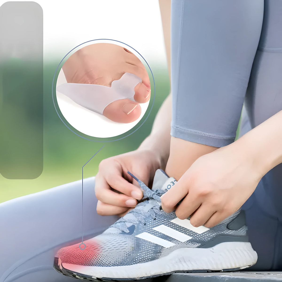 Silicone bunion corrector with double-hole SEBS toe separator for hallux valgus, in skin colour or white.
