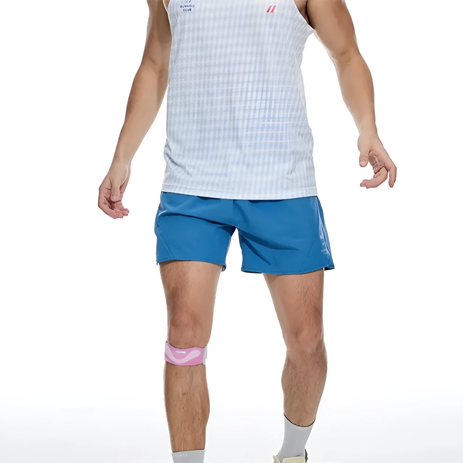 Black and blue four-point stretch running shorts with laser stitching detail for training.