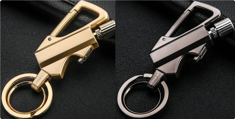 Metal keychain lighter with flint striker and bottle opener in black nickel finish