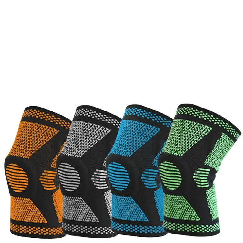 Blue silicone spring knee pad for sports, shown on a leg, suitable for volleyball and gym workouts.